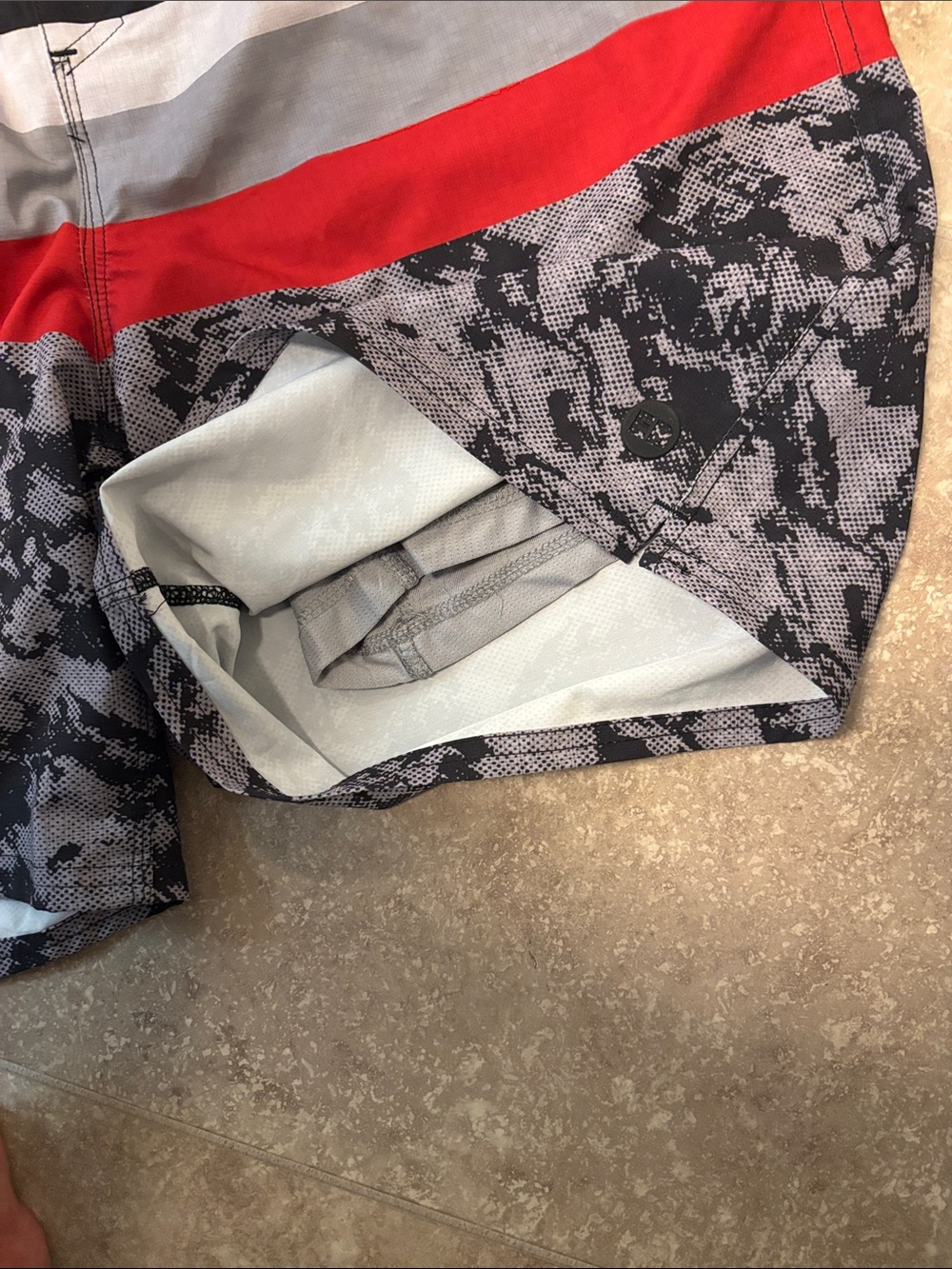 Eddie Bauer Black Swim Board Shorts with Red & Gray Stripes - Picture 4 of 5